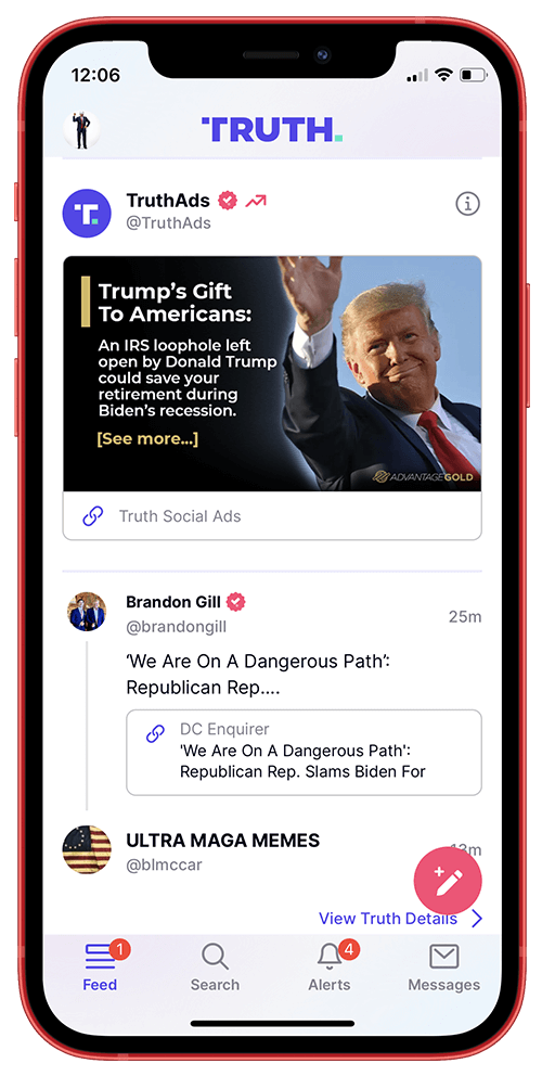 An image of a Truth Social ad placement on a mobile device.