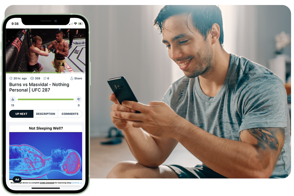 A mockup image of a man using his video app to watch the UFC's Rumble channel on the Rumble app, while also displaying a Rumble Ad underneath the feed.