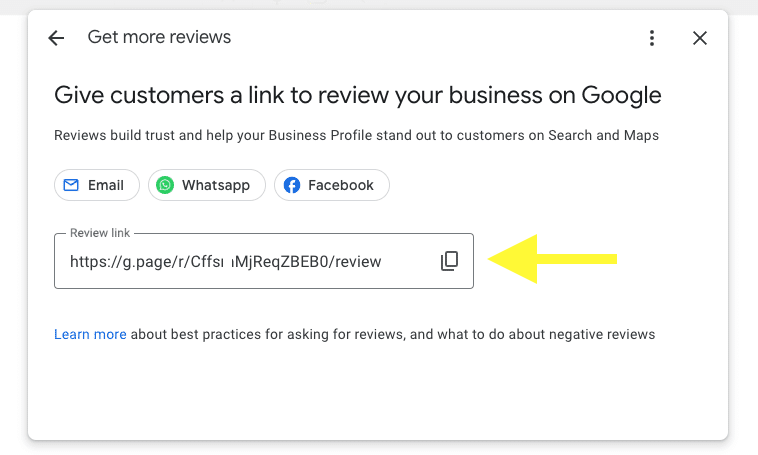 A screenshot of Google Business Profile where you can retrieve the short URL link to get more reviews for your small business