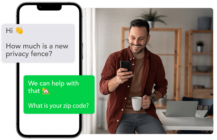 An image of a mock text message between a fence construction company and a prospect customer, with the goal to demonstrate the lead generation from our Google Ads and SEO digital marketing services for fence installers.