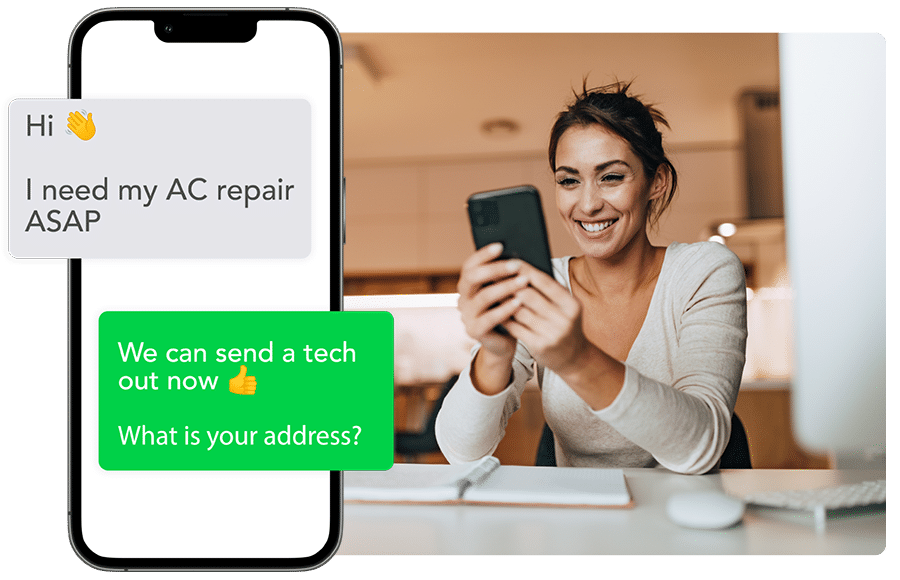 An image of a mock text message between a HVAC company and a prospect customer, with the goal to demonstrate the lead generation from our Google Ads and SEO services for HVAC contractors.
