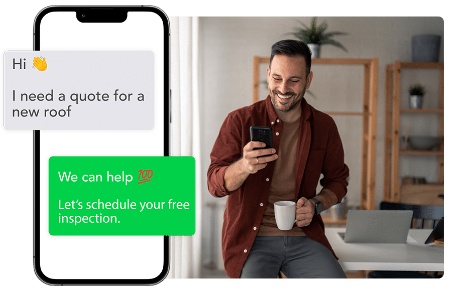 An image of a mock text message between a roofing contractor and a prospect customer, with the goal to demonstrate the lead generation from our Google Ads and SEO digital marketing services for roofers.