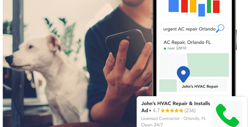 An image of a mock up Google Search that shows an ad for an HVAC contractor along with the contractors' review count on Google Maps. This is used to demonstrate our HVAC SEO and PPC digital marketing services.